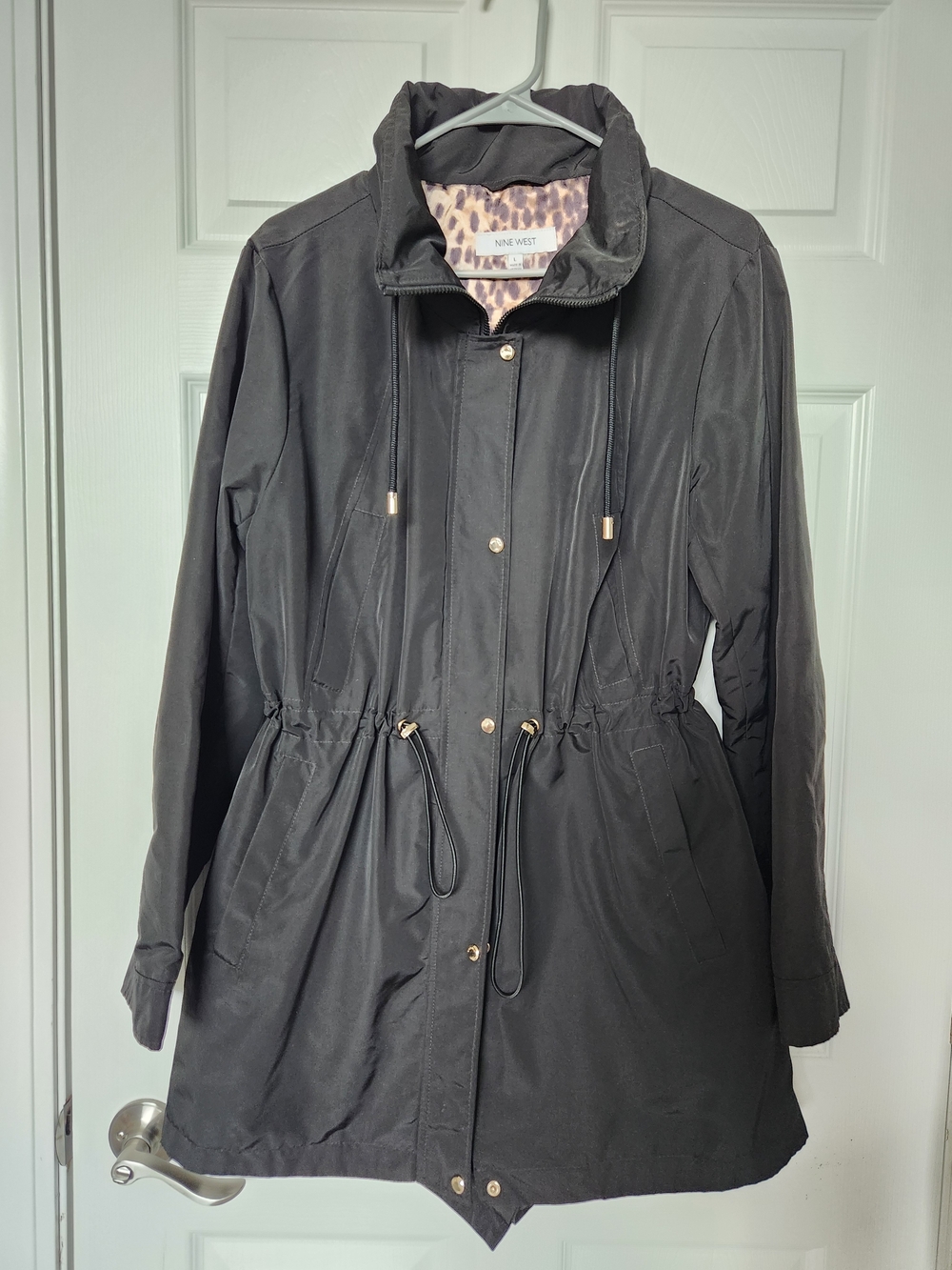 Nine West Black Drawstring Waist Utility Jacket with Leopard Lining